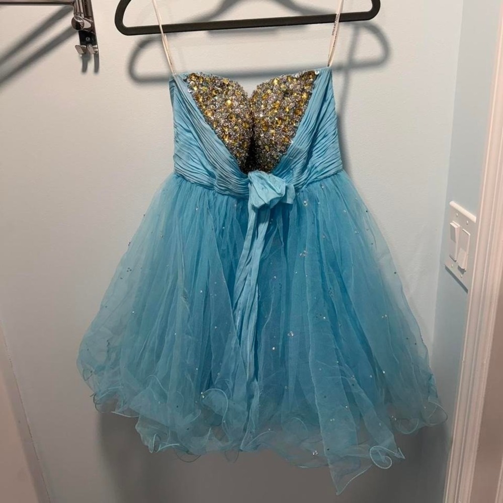 Sherri Hill Strapless Tulle Prom Dress Light Blue 6 Sequin Sweetheart Formal - Picture 5 of 7